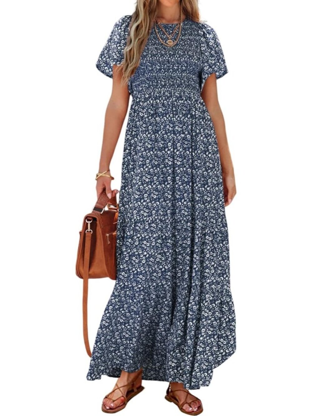 Women's Navy Flutter Short Sleeve Boho Floral Maxi Crew Neck Tiered Long Dress